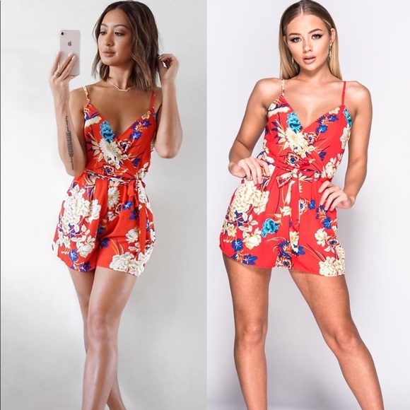 Red Floral Print Wrap Front Playsuit Romper - Picture 3 of 8